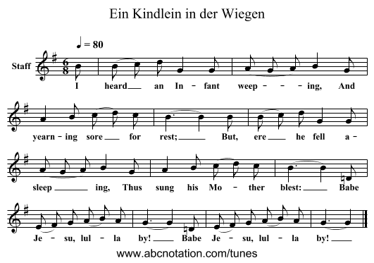 Ein Kindlein in der Wiegen - staff notation