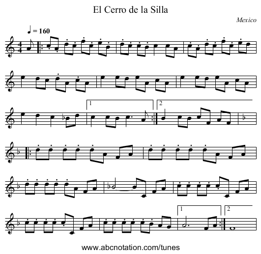 El Cerro de la Silla - staff notation