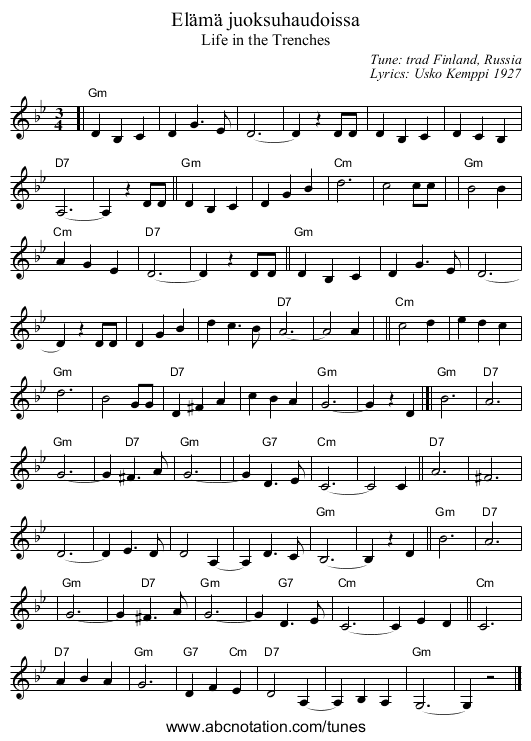 Elämä juoksuhaudoissa - staff notation