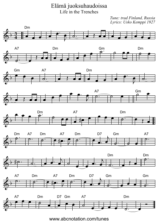 El&auml;m&auml; juoksuhaudoissa - staff notation