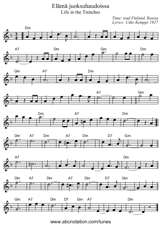 Elämä juoksuhaudoissa - staff notation