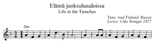 El&auml;m&auml; juoksuhaudoissa - staff notation