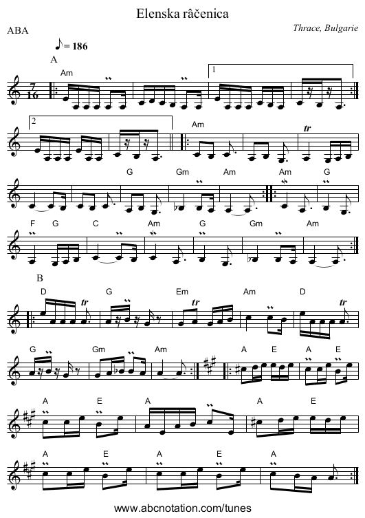 Elenska r&acirc;čenica - staff notation