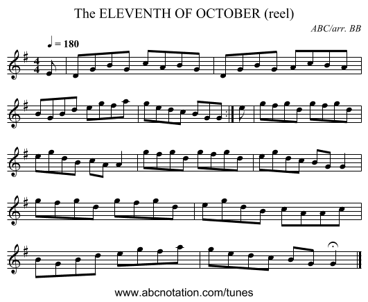 ELEVENTH OF OCTOBER (reel), The - staff notation