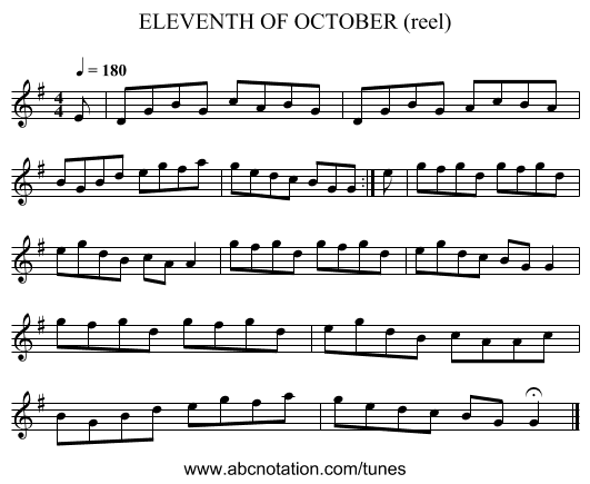 ELEVENTH OF OCTOBER (reel) - staff notation