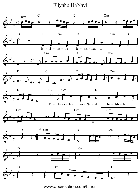 Eliyahu HaNavi - staff notation