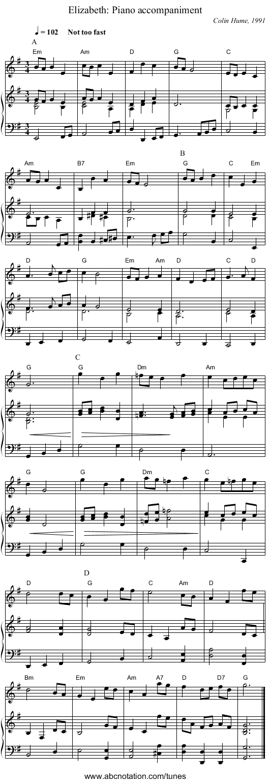 Elizabeth: Piano accompaniment - staff notation