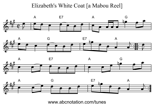 Elizabeth's White Coat [a Mabou Reel] - staff notation