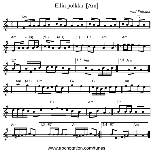 Ellin polkka  [Am] - staff notation