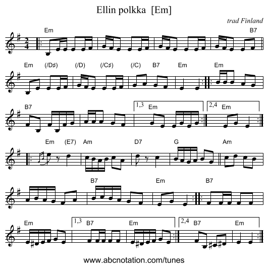 Ellin polkka  [Em] - staff notation