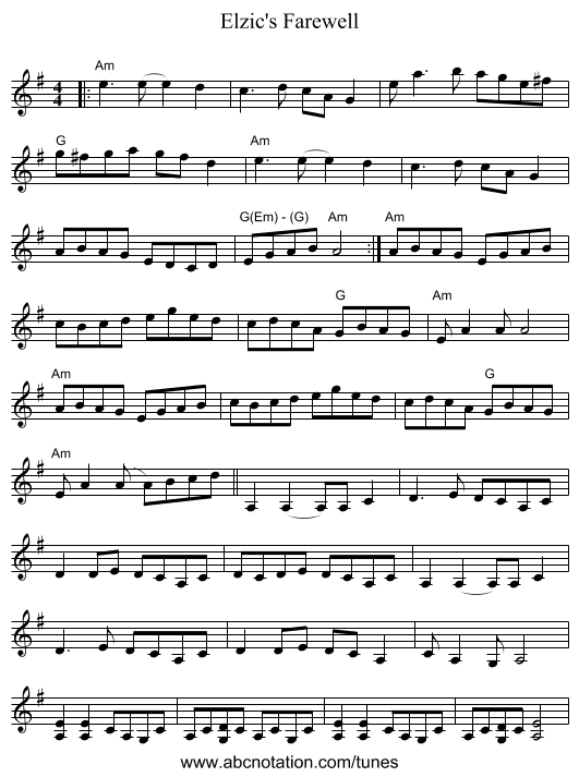 Elzic's Farewell - staff notation