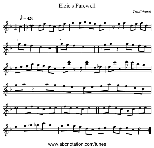 Elzic's Farewell - staff notation