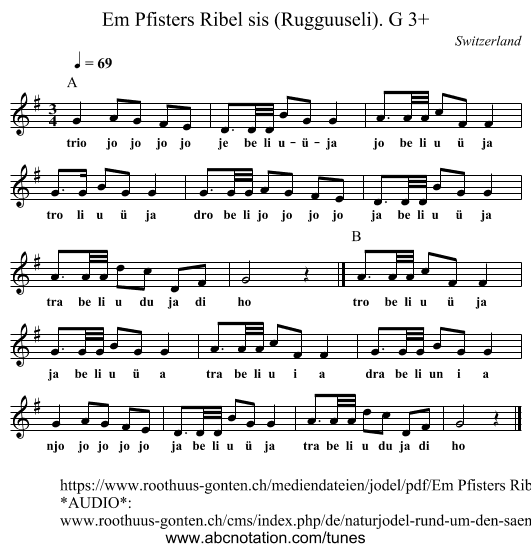 Em Pfisters Ribel sis (Rugguuseli). G 3+ - staff notation
