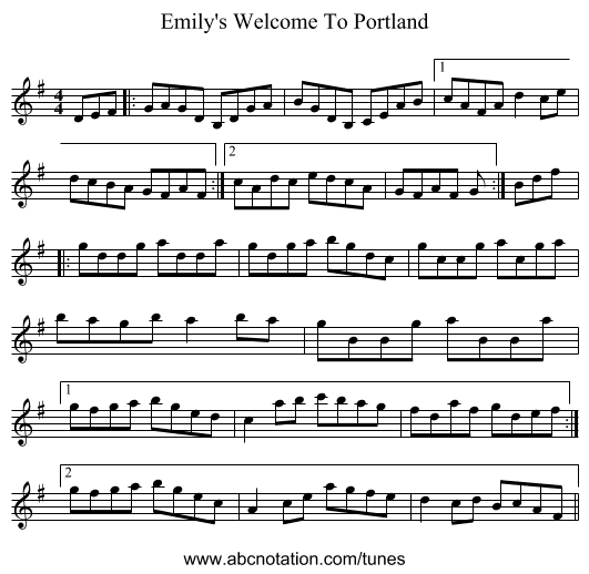 Emily's Welcome To Portland - staff notation