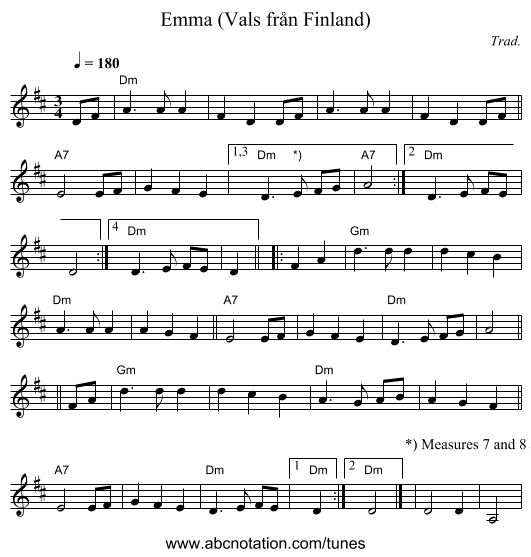 Emma (Vals fr&aring;n Finland) - staff notation