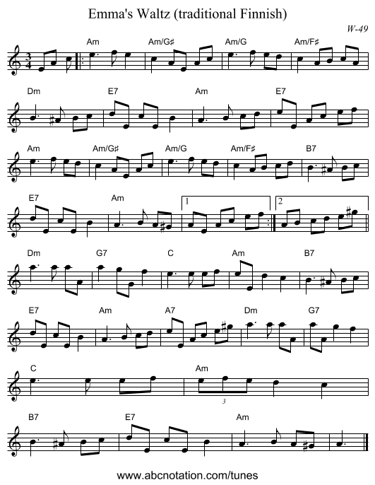 Emma's Waltz (traditional Finnish) - staff notation