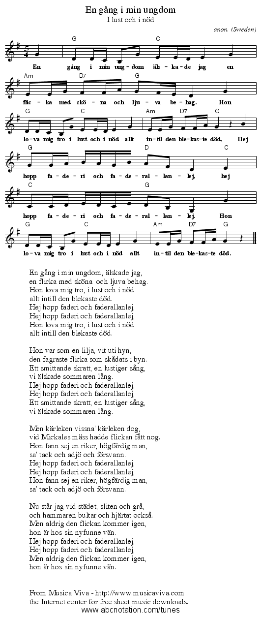 En g&aring;ng i min ungdom - staff notation