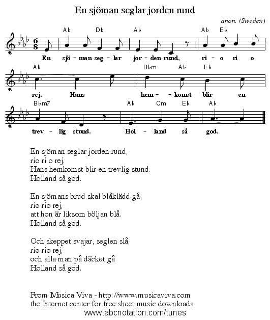 En sj&ouml;man seglar jorden rund - staff notation