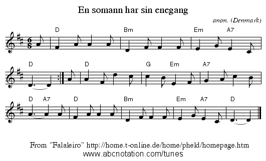 En sømann har sin enegang - staff notation