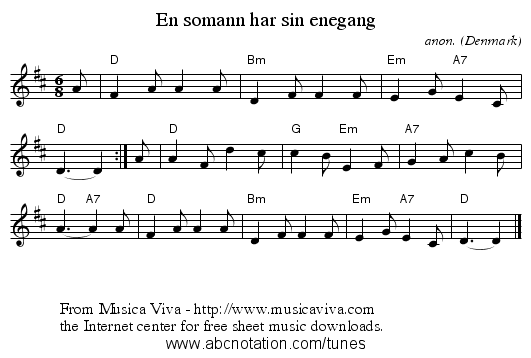En s&oslash;mann har sin enegang - staff notation