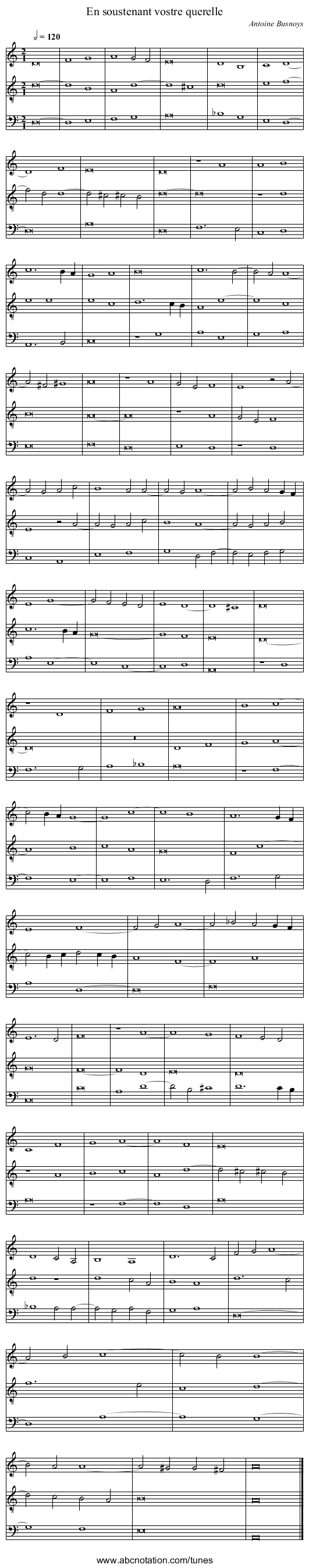 En soustenant vostre querelle - staff notation