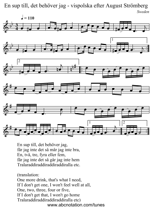 En sup till, det behöver jag - vispolska efter August Strömberg - staff notation