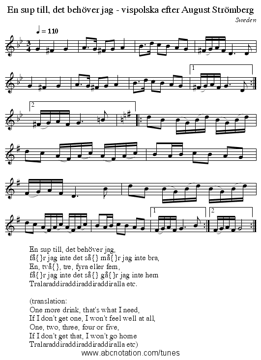 En sup till, det behöver jag - vispolska efter August Strömberg - staff notation