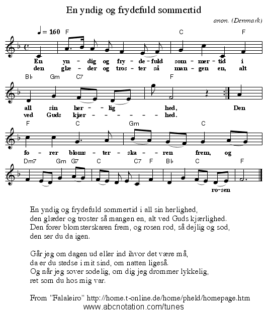 En yndig og frydefuld sommertid - staff notation