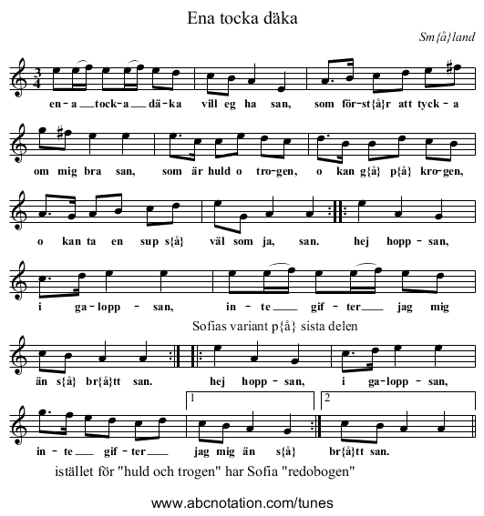 Ena tocka d&auml;ka - staff notation