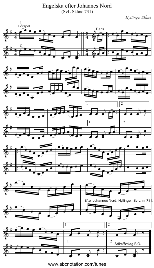 Engelska efter Johannes Nord - staff notation