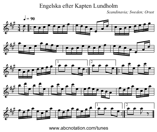 Engelska efter Kapten Lundholm - staff notation
