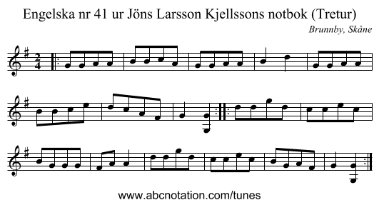 Engelska nr 41 ur Jöns Larsson Kjellssons notbok (Tretur) - staff notation