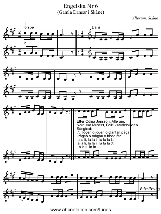 Engelska Nr 6 - staff notation