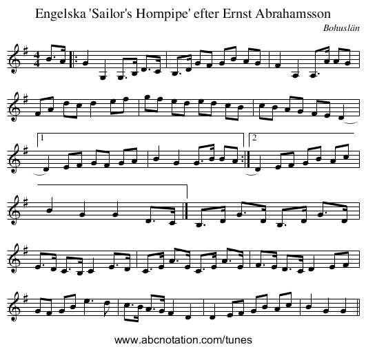 Engelska 'Sailor's Hornpipe' efter Ernst Abrahamsson - staff notation
