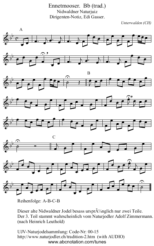 Ennetmooser.  Bb (trad.) - staff notation