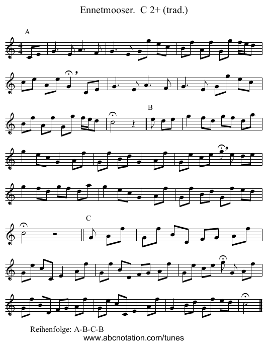 Ennetmooser.  C 2+ (trad.) - staff notation
