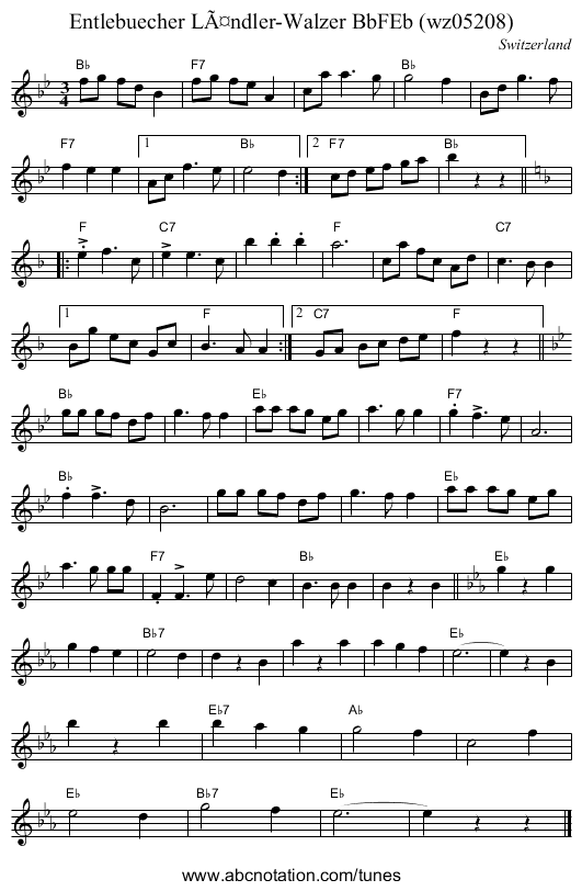 Entlebuecher LÃ¤ndler-Walzer BbFEb (wz05208) - staff notation