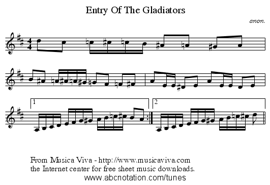 Entry Of The Gladiators - staff notation