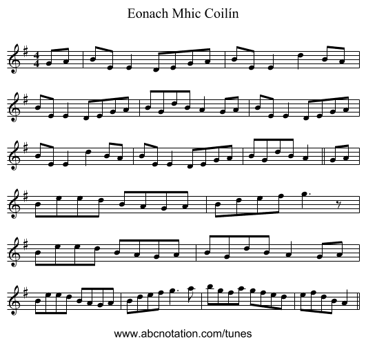 Eonach Mhic Coilín - staff notation