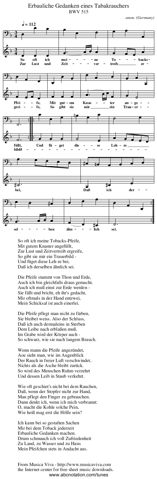 Erbauliche Gedanken eines Tabakrauchers - staff notation