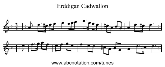 Erddigan Cadwallon - staff notation
