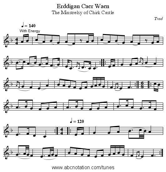 Erddigan Caer Waen - staff notation
