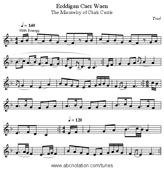 Erddigan Caer Waen - staff notation
