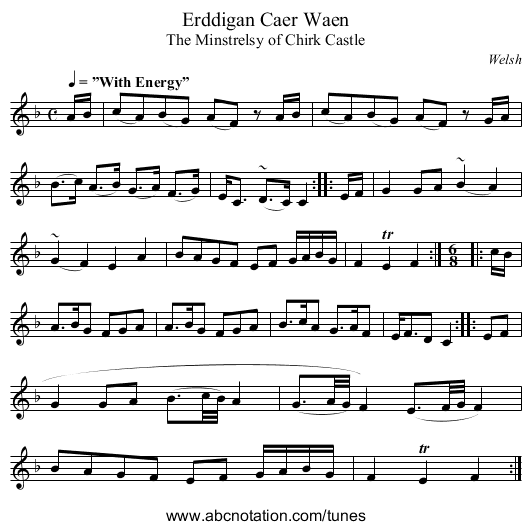 Erddigan Caer Waen - staff notation