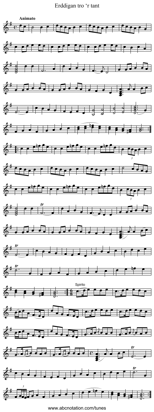 Erddigan tro ‘r tant - staff notation