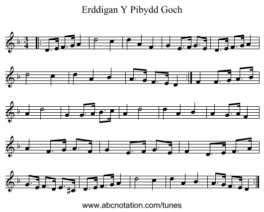 Erddigan Y Pibydd Goch - staff notation