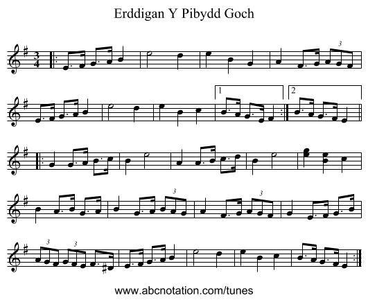Erddigan Y Pibydd Goch - staff notation