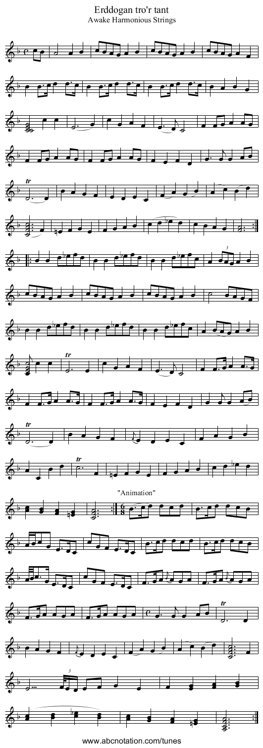 Erddogan tro'r tant - staff notation