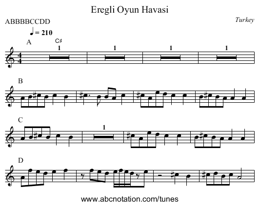 Eregli Oyun Havasi - staff notation