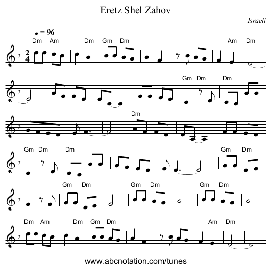 Eretz Shel Zahov - staff notation